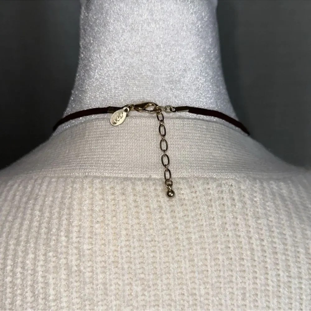 AE Brown Leather Gold Tone Triple Strand Fuchsia Western Boho Necklace